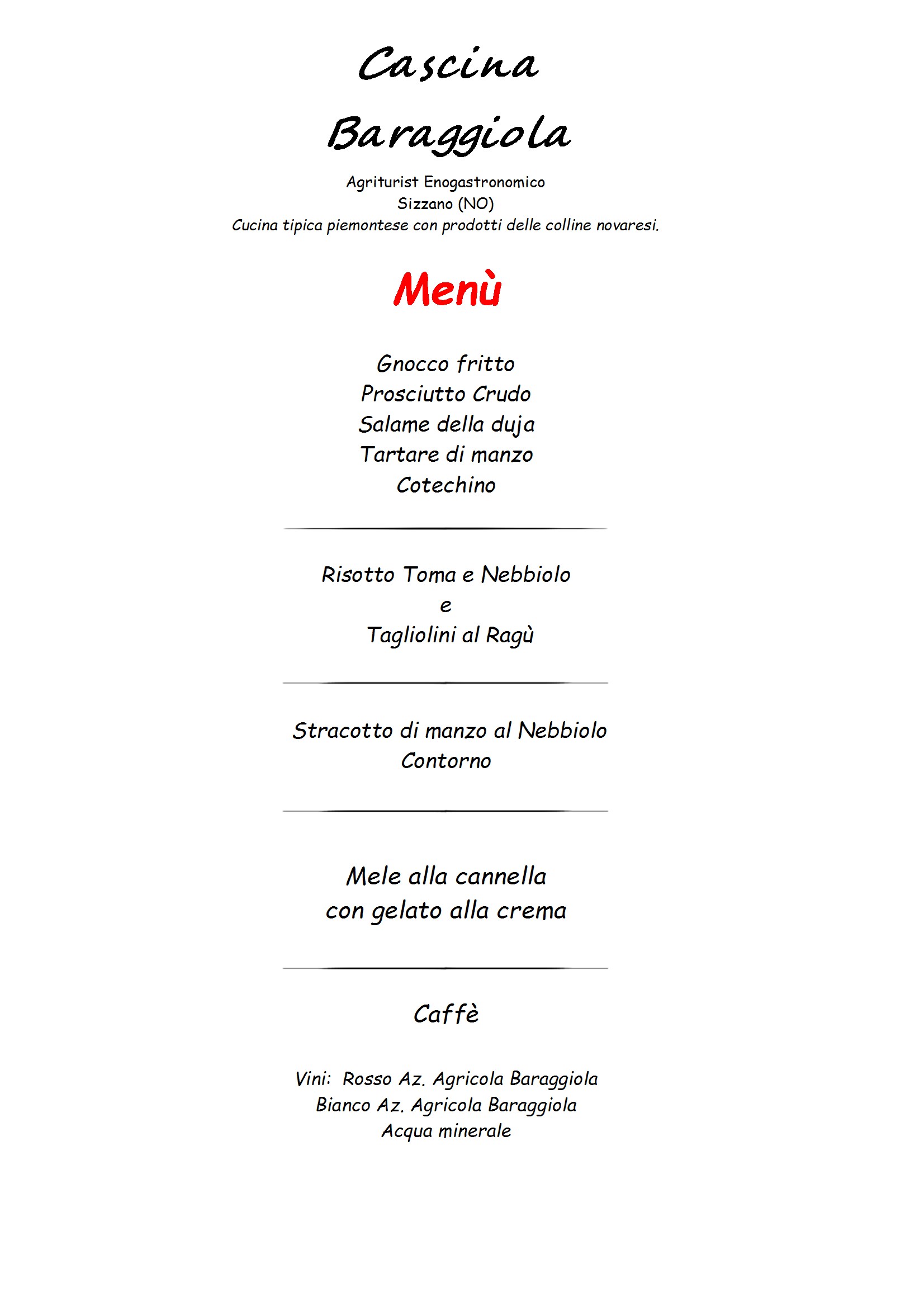 Menu Cascina Baraggiola