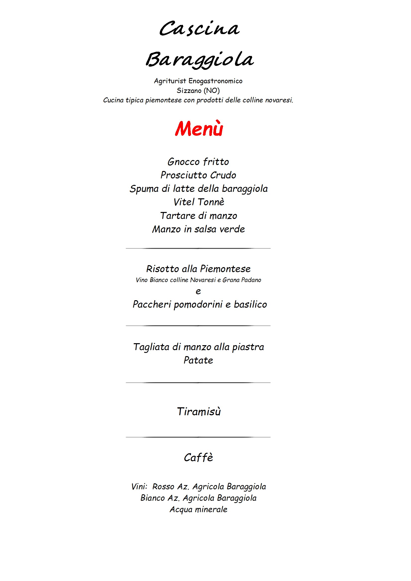 Menu Cascina Baraggiola