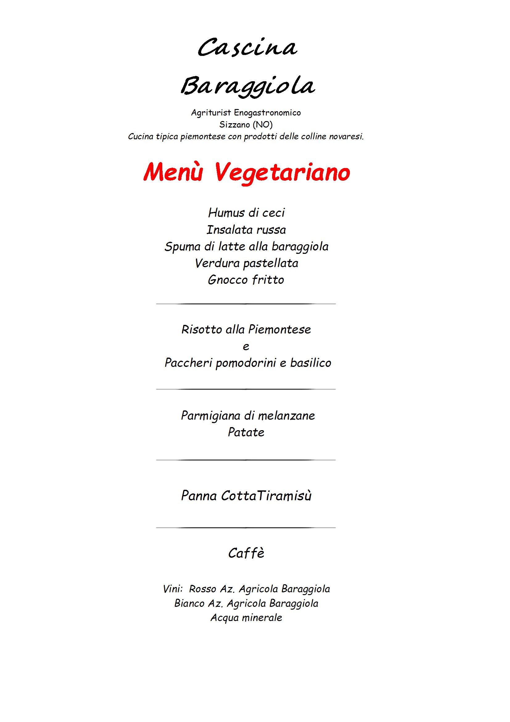 Menu Baraggiola vegetariano